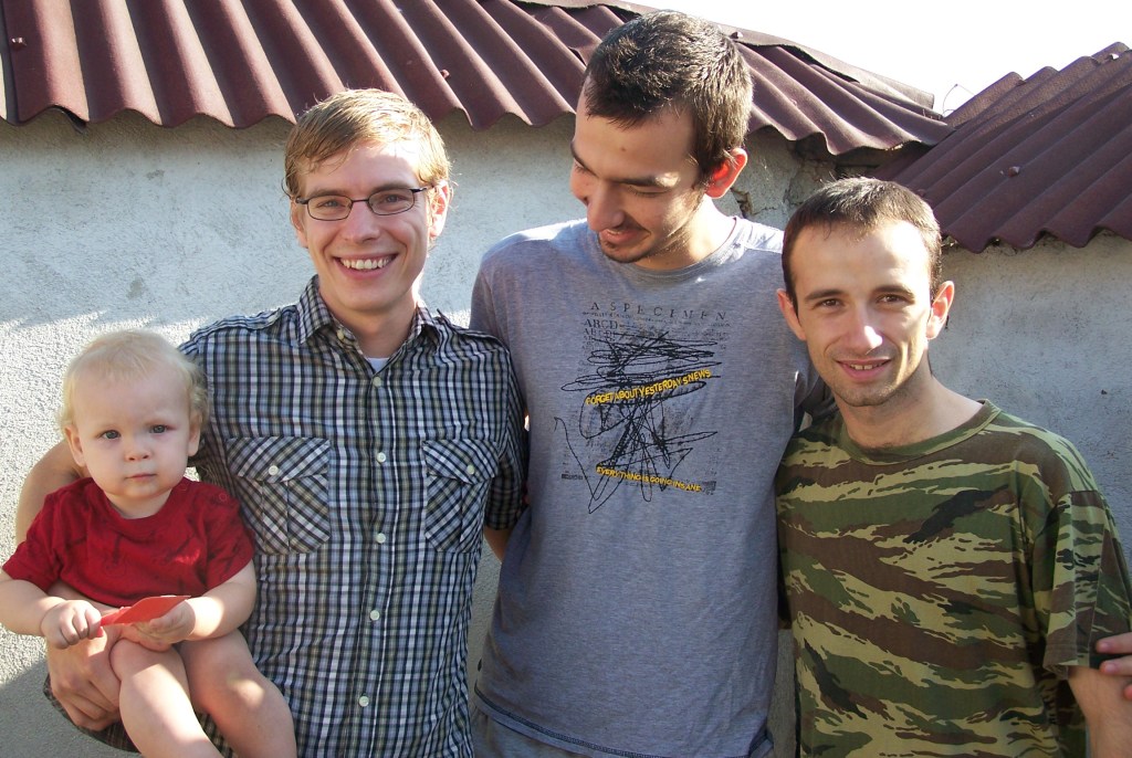 Jake with some young Romanian men he's been ministering to (from left: Isaac, Jake, Dan, Adi)