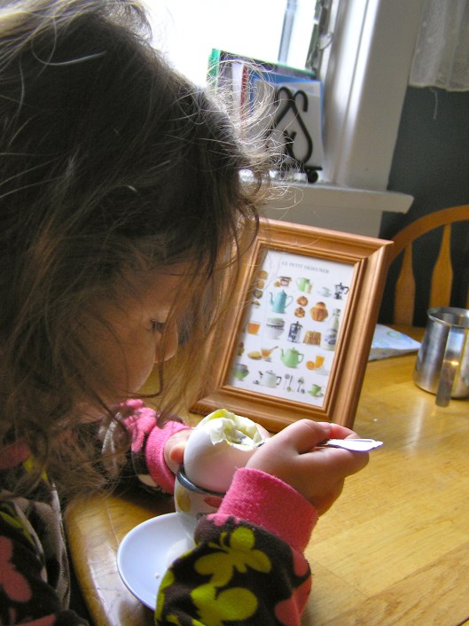 Our morning breakfast isn't quite as refined as those served in Downton Abbey - still in pajamas with bed head - but we can still enjoy a perfectly cooked egg from the cup.