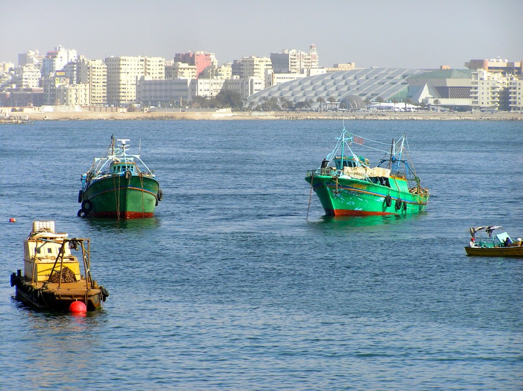 Looking toward the Alexandria library from across the bay.  The library building is the flat, disc-shaped building.