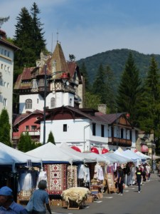 The town of Sinaia during a season of festivities. Sinaia is the Aspen of Romania - Romania's rich and famous retreat here for the summer, with skiing nearby in winter.