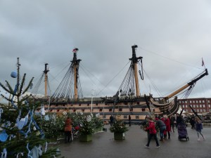 HMS Victory in Portsmouth with Christmas tree maze in the foreground.